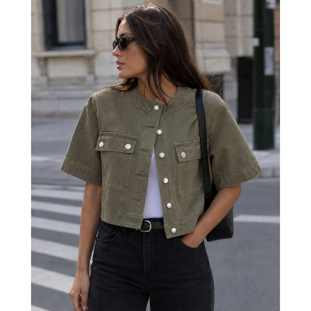Veronica Beard Elias Short Sleeve Jacket Stone Army Green Cropped Womens Size S